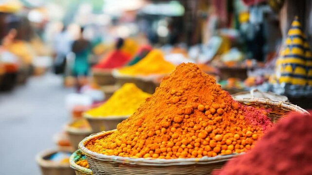 Colorful spices piled high in woven baskets at a bustling market
