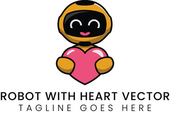 Cute cartoon robot holding a pink heart shows love and affection.