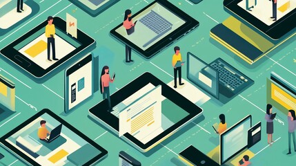 Obraz premium Isometric illustration of people interacting with digital devices online