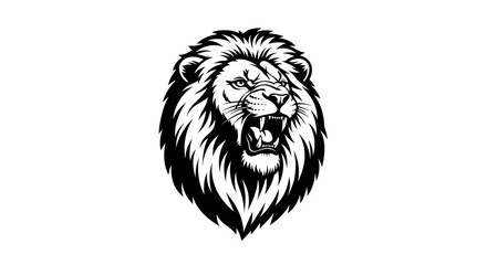 Detailed Black and White Illustration of a Roaring Lion with Majestic Mane