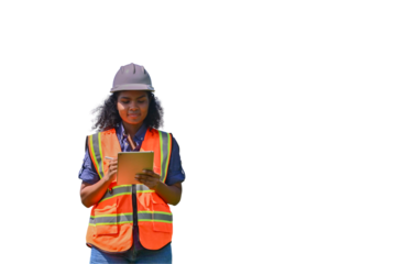 Engineers wearing safety gear, including hard hats examining survey standing industrial facility engaged in a job requires high safety standards concept with PNG white background.	