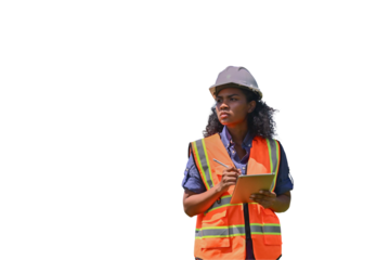 Engineers wearing safety gear, including hard hats examining survey standing industrial facility engaged in a job requires high safety standards concept with PNG white background.	
