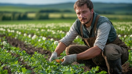 Field-crop agronomist performs his work professionally at his workplace, he loves his job very much