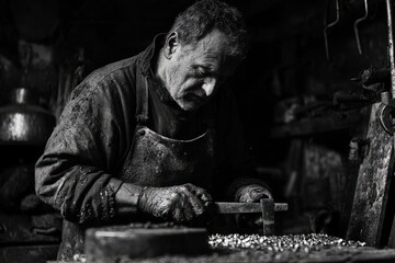 Blacksmith makes product by processing metal such as iron, steel, cast iron