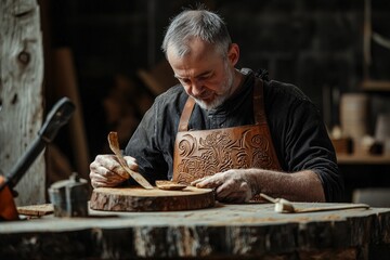 Wood carver creates patterns and ornaments on wooden product