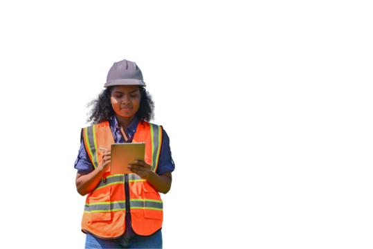 Engineers wearing safety gear, including hard hats examining survey standing industrial facility engaged in a job requires high safety standards concept with PNG white background.	
