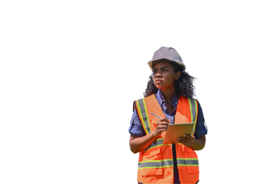 Engineers wearing safety gear, including hard hats examining survey standing industrial facility engaged in a job requires high safety standards concept with PNG white background.	