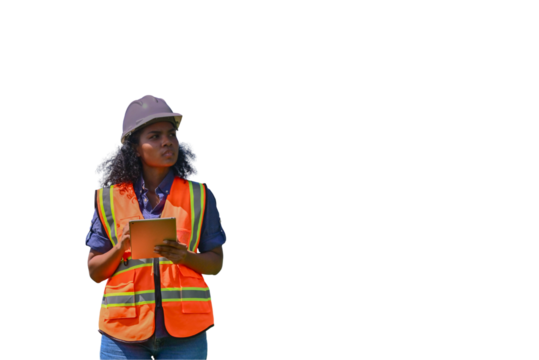 Engineers wearing safety gear, including hard hats examining survey standing industrial facility engaged in a job requires high safety standards concept with PNG white background.	
