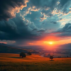 Serene Nature Landscape with Mountains, River, and Sunset Sky &ndash; Ideal Background for Design and Print, Generated AI