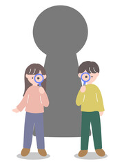 大きな鍵穴の前で虫眼鏡を覗く若い私服の男女