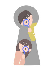 鍵穴の向こうから内側を虫眼鏡で覗く男女のイラスト