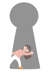 鍵穴から女性がひょっこり出てくるイラスト　大きな鍵穴と小さい人物