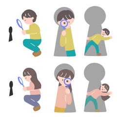 鍵穴と若い男性・女性のイラストセット　課題解決や謎解き向けのイラスト