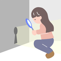小さな鍵穴をしゃがんで虫眼鏡で見ようとしている若い女性のイラスト