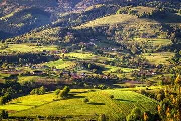 Scenic Landscape view, golden evening sun shines through the landscape, Jasenovo