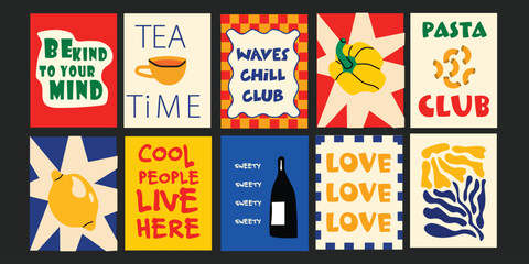 Cheerful summer banners featuring party scenes, tropical drinks, and berry accents.
