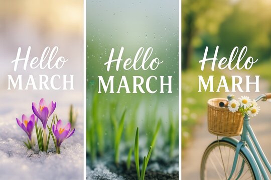 Hello March: seasonal transition with flowers, sprouts, and bicycle basket in nature