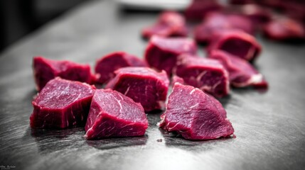 Fresh raw beef cuts on stainless steel table in industrial meat processing facility. Butchery, food production, meat industry and culinary ingredients concept.