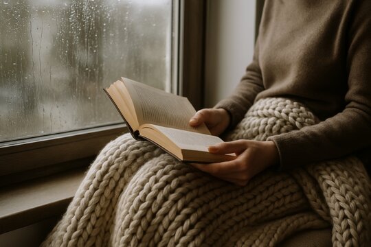 Cozy woman reading book by rainy window wrapped in knitted blanket at autumn