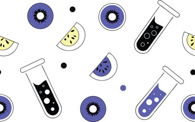 Lab beakers and tubes filled with sliced fruit and yogurt in a seamless cartoon pattern