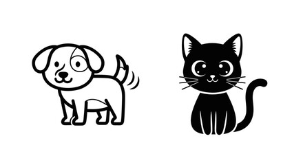 Simple Line Art Illustration of a White Spotted Dog and Black Cat on White Background
