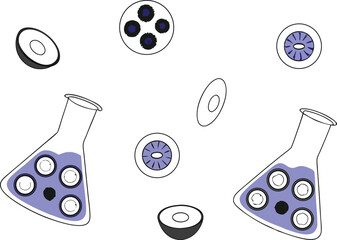 Lab beakers and tubes filled with sliced fruit and yogurt in a seamless cartoon pattern