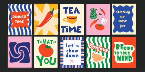 Playful banners with berries, lemonade, flowers, and friends toasting in the sun.

