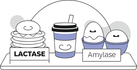 Pancakes, eggs, and juice dishes with enzyme characters