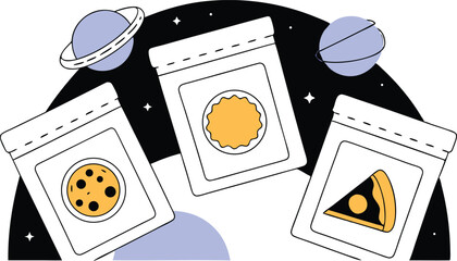 Space-lab style vector background of freeze-dried food pouches floating among planets made of cake, cheese, and pizza