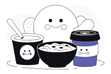 Vector microflora and probiotics  joyfully interacting with food items like yogurt, miso, sauerkraut