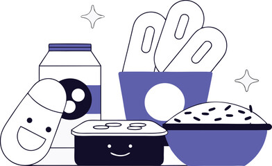 Vector microflora and probiotics cartoon lactobacillus, bifidobacteria joyfully interacting with food items like yogurt, miso, sauerkraut