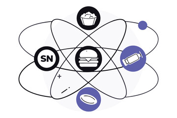 Vector snacks rotate in stylized electron orbits around nuclei labeled with food elements.