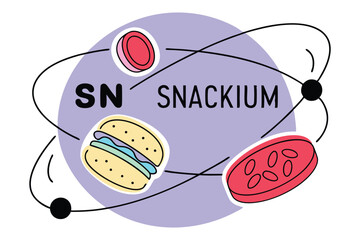 Vector snacks rotate in stylized electron orbits around nuclei labeled with food elements