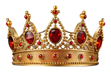 Regal gold crown with red jewels isolated on a white background