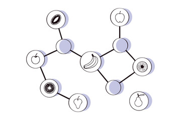 Vitamins and minerals as connected molecular structures branching out from vector fruits and veggies