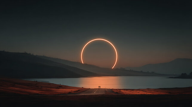 Couple Walking Towards a Glowing Portal at Dusk by a Lake