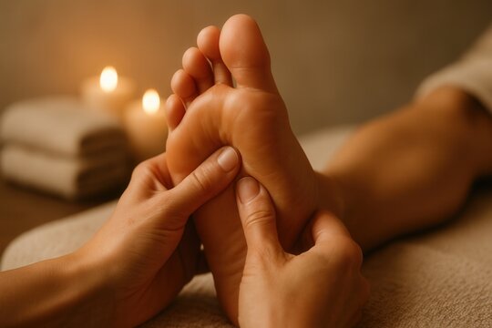 Close-up of relaxing foot massage with warm candlelight in spa setting. Connection, relief, and holistic body care.