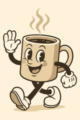 Cute Retro Cartoon Coffee Mug Character Smiling and Walking