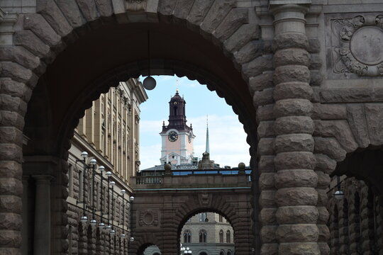 View of Storkyrkan in Old Town, Stockholm, Sweden. View of the arches at Riksgatan outside Riksdagen.
