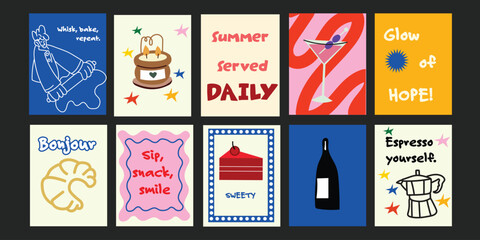 Vibrant summer bistro banner set with fruity cocktails, cherries, flowers & happy moments.