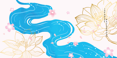 Luxury oriental river background vector. Chinese and Japanese wallpaper pattern design of watercolor sea wave, lotus flower, cherry blossom. Design illustration for decoration, banner, interior.