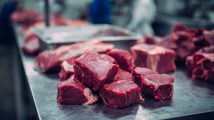 Fresh raw beef cuts on stainless steel table in industrial meat processing facility. Butchery, food production, meat industry and culinary ingredients concept.