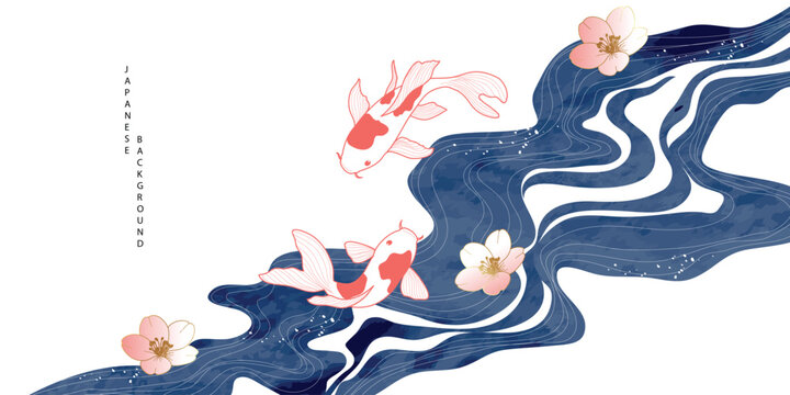 Luxury oriental river background vector. Chinese and Japanese wallpaper pattern design of watercolor sea wave, koi fish, cherry blossom. Design illustration for decoration, banner, interior.