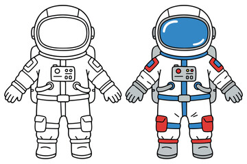 Cartoon Astronaut Coloring Page with Colored Version – Space Suit Drawing for Kids Learning