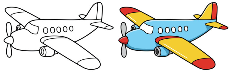 Cute Cartoon Airplane Coloring Page with Colored Version – Fun Kids Transport Illustration © Crafter