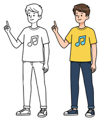 Teen Boy Cartoon Character with Music Shirt – Coloring Page and Colored Version for Kids Learning