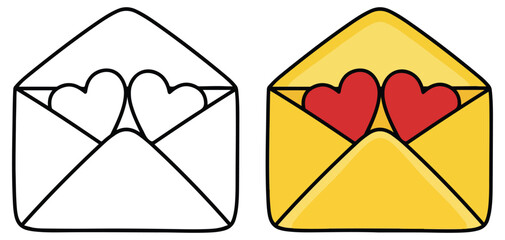Love Letter Envelope Clipart – Cute Yellow Mail with Red Hearts in Colored and Outline Versions