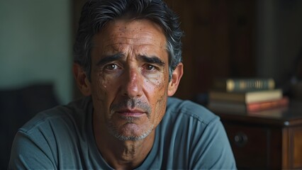 Close-up Portrait A Mature Man's Silent Emotional Struggle