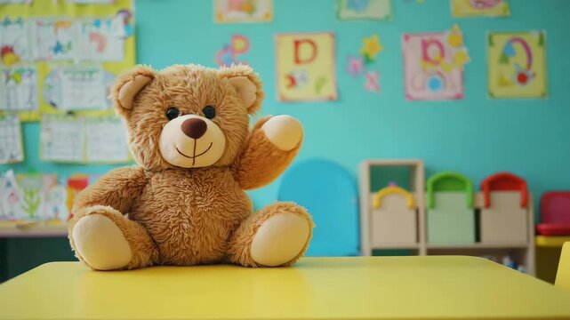 plush stuffed bear toy sitting in vibrant daycare center