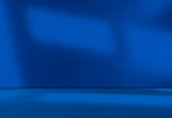 Blue background, wall summer backdrop, studio room loft table with natural shadow on wall floor,...